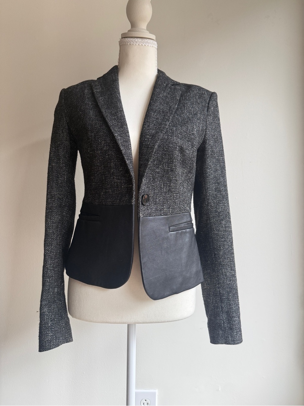 Theory Charcoal Tweed Blazer with Black Leather Panel